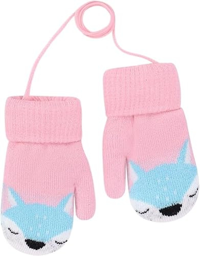 QCHOMEE Baby Toddler Cute Fox Gloves Winter Knitted Mittens with String Warm Cashmere Full Finger Cartoon Gloves Thicken Indoor Outdoor Mittens Christmas Birthday Gifts for Kids Boy Girl 1-3 Years