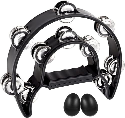 EASTROCK Tambourine Half Moon Tamburin,Hand Halbmondförmiges Schellenring mit 20 verchromte Schellen für Anfänger.Schlaginstrument Musik Zweireihige Metall Jingles für KTV Party(Doppel,Schwarz)