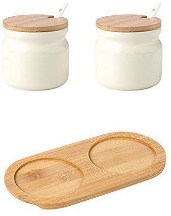 OnePine Set of 2 Sugar Bowl, 300ml Ceramic Spice Jar Seasoning Box Condiment Pots Salt jar with Lid and Spoon for Kitchen