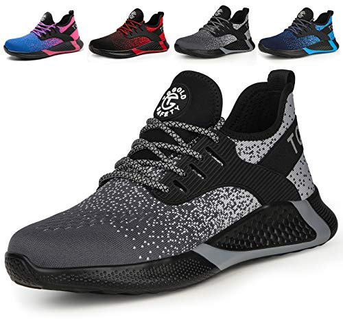 AONETiger Säkerhetsskor män kvinnor lätta arbetsskor stålhätta sportiga skyddsskor andas halkfria skor sneakers, 8195 grå, 41 EU