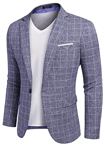 Coofandy Traje Casual de los Hombres Chaquetas Chaquetas de Chaqueta de Deportes Ligeros Abrigos de un, Blazer a Cuadros - Azul, Large