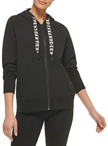 DKNY Damen Fleece Logo, Kordelzug und Durchgehendem Reißverschluss Kapuzenpullover, Schwarz, M