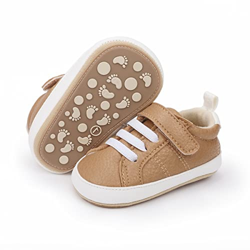 E-FAK Baby Shoes Boys Girls Infant Sneakers Non-Slip Rubber Sole Toddler Crib First Walker Shoes(09 Khaki, 12-18 Months Infant)