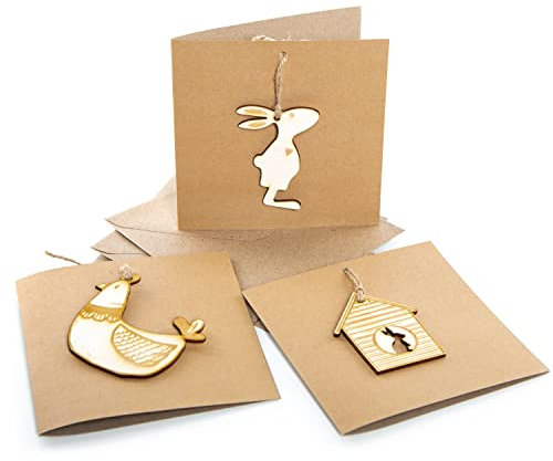 Logbuch-Verlag Osterkarten Set - 3 Kraftpapier Karten Ostern mit Umschlag + Osterdeko aus Holz - Geschenkkarte Grußkarte 15 x 15 cm