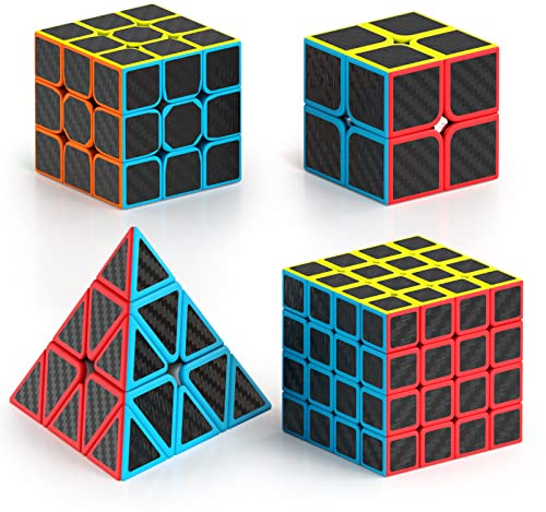 Vdealen Speed Cube Magique 2x2 3x3 4x4 Pyramide Cube de Vitesse, Magic Cube pour Débutants et Utilisateurs Avancés, Cadeau pour Enfants Les Adolescents Adultes(Autocollant de Fibre Carbone)