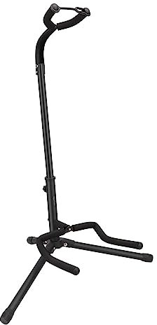 Amazon Basics Verstellbarer Klappbarer Gitarrenständer mit Hals-Halterung für Akustik, Elektro, Bassgitarren, Banjos und 26-Zoll-Ukulelen, Eisenrahmen mit Weicher Gummipolsterung, Schwarz