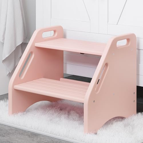 AMBIRD Wooden Step Stool, Two Step Stools Toddler 300 lbs Capacity with Safety Non-Slip Pads and Handles, Bamboo Step Stool for Bathroom, Kitchen Step Stools Dual Height Step Stools for Kids (Pink)