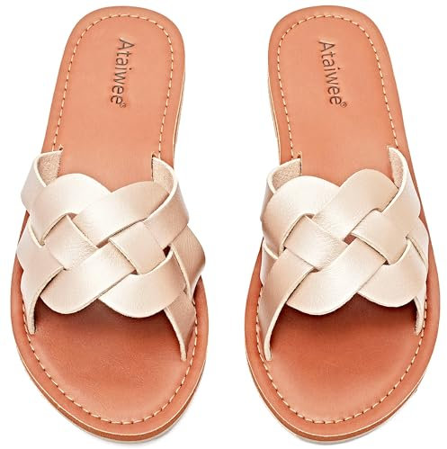 Ataiwee Damen Slide Sandalen - Komfortable Slip On Mode Strappy Flache Sommer Schuhe.(1908002,GD/MF,40)