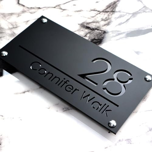 K SMART SIGN | LUXE H1 | House sign door number laser personalised address wall plaques numbers Signs (Matt Black & Gloss Black)