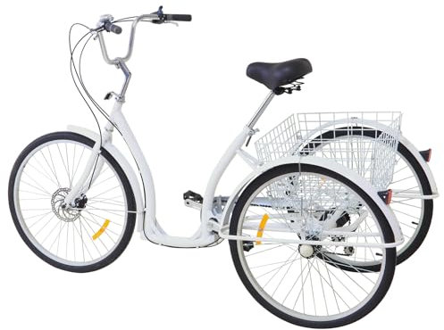 Brride 26 Zoll Dreirad für Erwachsene, 3-Rad Fahrrad mit Einkaufskorb, 6-Gang Trike Bike, Outdoor Dreirad, Tricycle Fahrrad Cruiser Bikes für Senioren (Weiß)