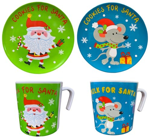 Clear Above Cookies for Santa Plate and Mug Set: Christmas Mouse and Santa Designs Melamine Wares 2 Plates and 2 Cups