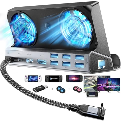 YCE Estación de acoplamiento de Steam Deck 14 en 1, ventiladores de refrigeración duales con HDMI 2.0, 6 puertos USB, Gigabit Ethernet, tipo C 100 W PD, DP1.2, adaptador VGA de 40 Gbps para Steam