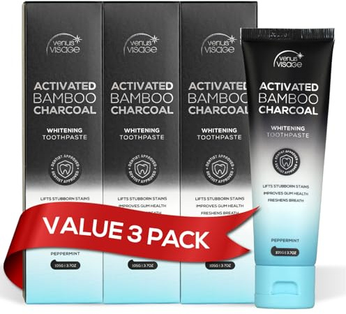 Venus Visage Activated Charcoal Toothpaste for Whitening, 3 Pack - Effective Teeth Whitening Toothpaste for Surface Stains - Peppermint Flavor (3.7 oz/105 g)