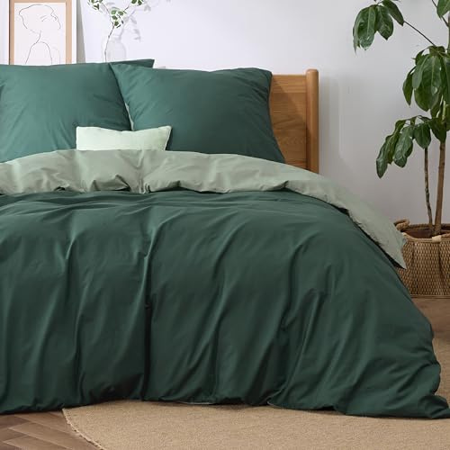 BEDSURE Ropa de cama 200 x 200 cm, algodón verde salvia, verde oscuro, 3 piezas reversible, 2 fundas de almohada 80 x 80 cm, Öko-Tex, funda nórdica