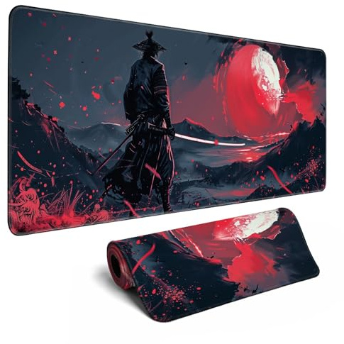 Black Desk Mat Japanese Samurai Mouse Pad XL Red Anime Big Mousepad Gaming Large Mouse Pad for Men Desk Pad with Stitched Edges Non-Slip Large Computer Mat, 31.5x11.8 in