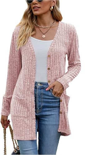 Famulily - Cardigan à manches longues ouvert sur le devant pour femme, boutonné, col en V, léger, avec poches, en polyester solide, tailles S-XXL, Beige/Noir/Bleu/Vert kaki/Rouge/Bordeaux, rose, M