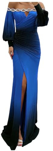 Robe de soirée élégante pour femme - Couleur contrastée - Mode - Taille haute - Manches longues - Robe de soirée sexy - Épaules dénudées - Robe longue - Grandes tailles - Festive, bleu, L