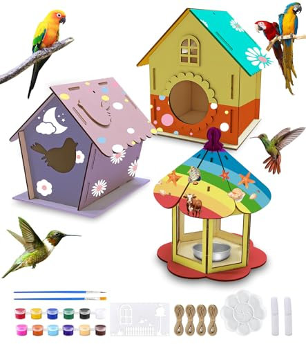3 Stück Vogelhaus Bausatz Kinder, DIY Holz Vogelfutterhaus Basteln, Vogelhaus zum Selber Bauen und Malen, Vogelkasten Holzbastelsets Geschenke für Mädchen Jungen Kleinkinder ab 6 7 8 9 10 11