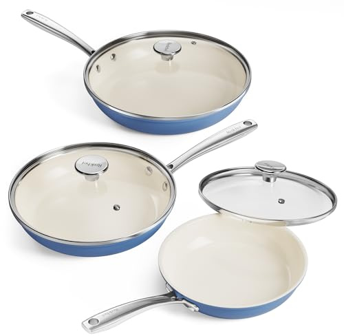 Redchef Set di 6 padelle in ceramica a induzione, antiaderenti con coperchio, padelle da 20/24/28 cm, per tutti i piani cottura, senza PTFE, senza PFAS, lavabili in lavastoviglie (blu)