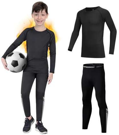 Giyim Kids Base Layer - Fleece Lined Athletic football skins, Warm Football Skins Long Sleeve Top and Leggings Compression Set, Reflective Line Thermal Underwear for Biking, Ski & Running(Black,L)