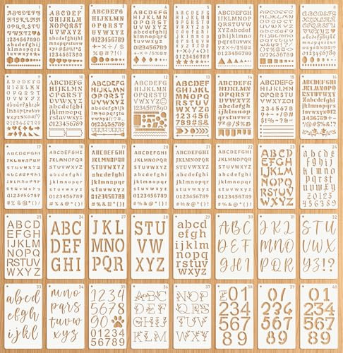 40 Hojas Plantillas Letras,Plantilla Alfabeto en 30 Tipos de Letra Diferentes,Reutilizables Plantilla Letras y Números Patrones (Estilo 1)