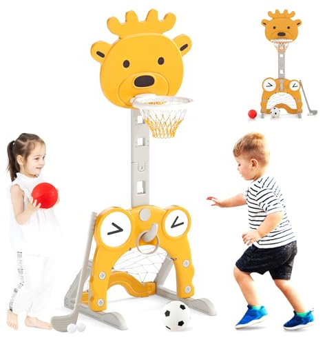 HOMASIS 4 en 1 Panier de Basket pour Enfant Intérieur Extérieur, Panier de Basket-Ball sur Pied Hauteur Réglable avec But de Football, Balles et Club de Golf, pour 3-10 Ans (Chevreuil)