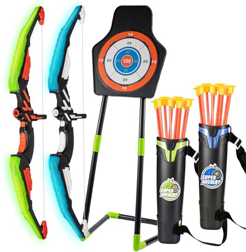 SUNNYNEST Kids Bow and Arrow Set with LED Lights, Archery Toy Set with Suction Cup Arrows, Standing Target & Quivers, Indoor Outdoor Shooting Game Gifts for Boys & Girls Ages 3–12