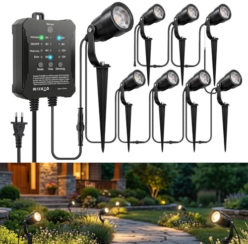 SMY 8er Set Trädgårdsbelysning, 5W Aluminium LED-Trädgårdsstrålkastare | med Timer och Ljussensor, 3000K Varmvit, IP65 Vattentät, Dimbar Utomhusstrålkastare med Transformator för Trädgårdsgångar