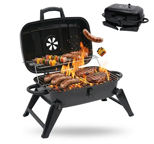Relaxdays Barbecue de table pliable portable 34x59x36 cm, acier noir | grille maintien au chaud, aérations, charbon