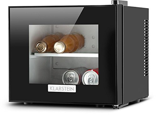 KLARSTEIN Frosty Nevera Mini - Frigorífico de bebidas, 10 litros, 65W, Puerta de cristal, Doble aislamiento, Baja contaminación acústica, Diseño compacto, Estantes extraíbles, Clase B, Negro