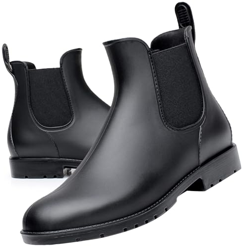 Acfoda Gummistiefel Damen Kurzschaft Regenstiefel Herren Wasserdicht Lack Regen Schuhe Ankle Chelsea Boots Gummi Stiefeletten mit Blockabsatz Schwarz Gr.40