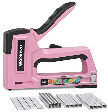 WORKPRO Pink Staple Gun, 6-in-1 Manual Brad Nailer with 4000-Pieces Staples for Fixing Material, Carpentry, Upholstery, Furniture and DIY - Pink Ribbon
