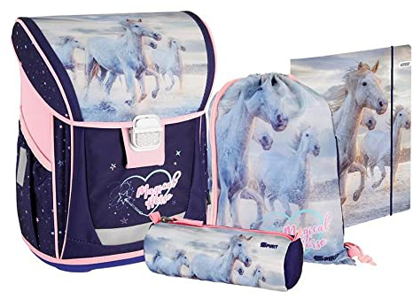 Grundschul Ranzen Set - Schulranzen Set 4 teilig für Mädchen mit Schlampermäppchen Zeichenmappe Turnbeutel (MAGICAL HORSES -magisches Pferd)