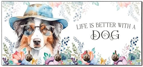 Cadouri Design-Hundegarderobe mit Australian Shepherd - Leinenhalterung für Halsband, Leine & Geschirr - originelles Geschenk für Hundebesitzer - handgefertigt