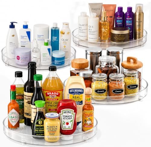 Clear Lazy Susan Organizer – 9 tums skivspelare för skåp för att maximera lagring och förenkla tillgänglighet i kök, badrum och skafferiutrymmen. (4-pack)