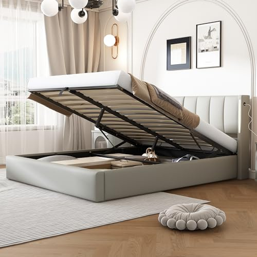 Rtopsu Letto Imbottito Letto Matrimoniale 160x200 cm con USB Type C e LED, Letti con Contenitore, Letti Idraulico con Rete a Doghe e Telaio in Metallo, Testata Regolabile, PU, Grigio, Senza Materasso