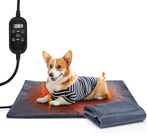 Nobleza Heizkissen für Katze & Hund, Heizdecke für Haustiere mit Einstellbarer Zeit & Temperatur, wasserdichte Heizmatte, Wärmedecke mit 2 Kurzen Plüschbezügen, Wärmematte für Hundebetten, 70 * 40 cm