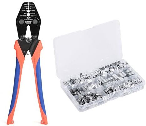 iCrimp CWR1328 - Set di crimpatrici per funi metalliche, pinza crimpatrice con funzione di taglio da 0,3 mm a 3,5 mm, crimpatrice per manicotti ovali e ghiere terminali con 375 manicotti in alluminio