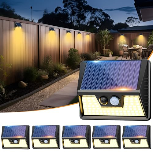vighep Lampe Solaire Exterieur Detecteur de Movement, Lot de 6 Lumiere Solaire Exterieur, IP65 Étanche 3 Modes Spot Solaire, 270° Eclairage Exterieur Blanc Chaud Applique Murale pour Jardin, Garage