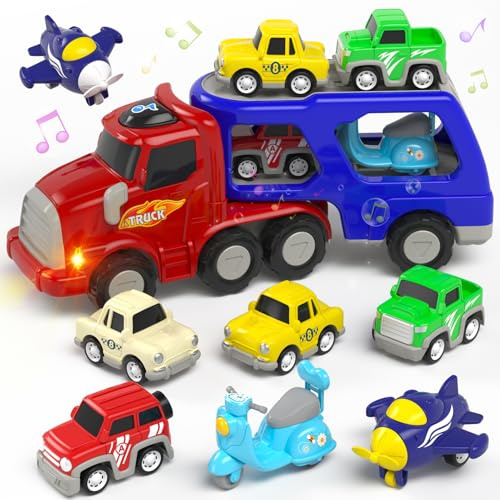 usrela Juguetes para niños de 1, 2 y 3 años, camión con 6 juguetes de auto de tracción, transportador 7 en 1 con luz y música, juego de vehículo regalo para niños pequeños de 1 a 3 años, regalo de