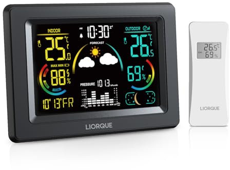 LIORQUE Station Meteo Interieur Exterieur Sans Fil, Thermometre Hygrometre avec Capteur - Rétroéclairage, 4 Niveaux Luminosité, Phase de Lune, Date, Heure, Prévision Météorologique, Réveil