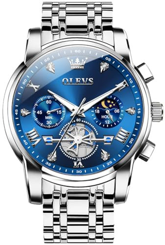 OLEVS Uhr Herren Blaues Großes Zifferblatt Edelstahl Analog Quarz Uhren Klassisches Luxus Multifunktion Tourbillon Silberne Herrenuhr Römisches Ziffern Chronograph Wasserdicht Armbanduhr Herren