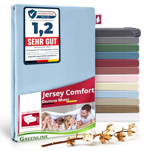 Greenline Spannbettlaken Premium Jersey aus 100% Baumwolle Hellblau 90-100x200 cm bis zu 30 cm auch für Boxspringbetten, Spannbetttuch