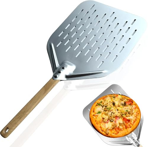 Yuiturt Pizzaschaufel Perforiert, Pizzaschieber 40 * 30 cm 12 Zoll, Pizza Schieber Aluminiumlegierung Pizzaschaufel, Profi Pizzaschaufel mit Großer Fläche & Abnehmbaren Griff (Silbrig)