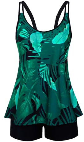 Swimsuits for Curvy Women Plus Size Push Up Tankini Tummy Control Swimsuits Dark Green Leaves Printed Floral 16W