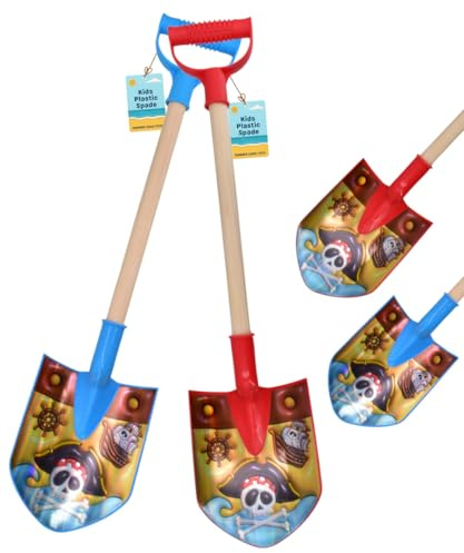 Electoys Kids Spade 52cm Pirate Design Plastic Shovel | Wood Shaft Beach Spades Sand Pit Accessories | Garden Digging Spade for Children | Soil Scoop Seaside Sandpit Toys for Kids | Assorted | 1 Pack