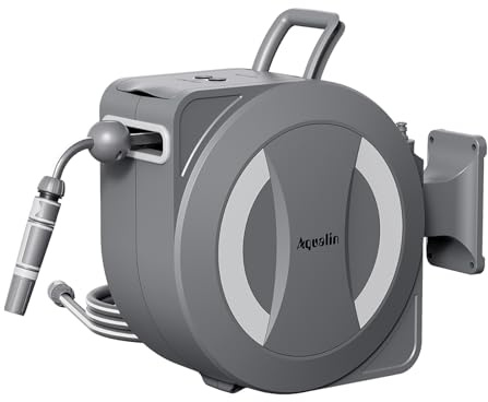 Aqualin Avvolgitubo Retrattile Elettrico Alimentato a Batteria Avvolgitubo da Giardino a Parete 30m+2m, Rotazione 180° Blocco Automatico e Riavvolgimento Include Fissaggi a Parete e Ugello Spray