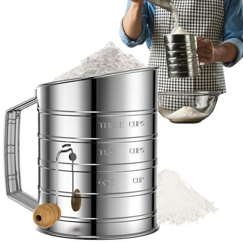 Derwrtup Flour Sieve - Fine Mesh Rotating Hand Crank Flour Sieve with Stirrer, Baking Accessories for Sieving for Desserts, Cakes, Pastries, Cupcakes, Cakes, Bread, Cake Pieces, Pastries