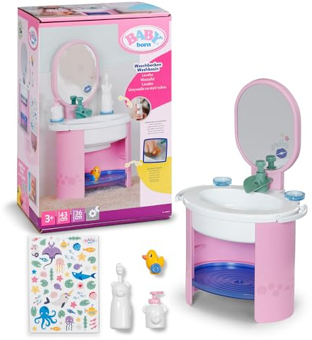 Baby född handtvättställ, docktvättställ för 36 cm och 43 cm dockor inklusive tandborste och tvåldispenser, fungerar med vatten, inga batterier behövs