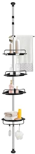 Belfoyer Étagère de Douche Télescopique 105–310 cm, 4 Paniers en Plastique, Rangement Salle de Bain sans Perçage, Barre en Acier Inoxydable, Ajustable du Sol au Plafond
